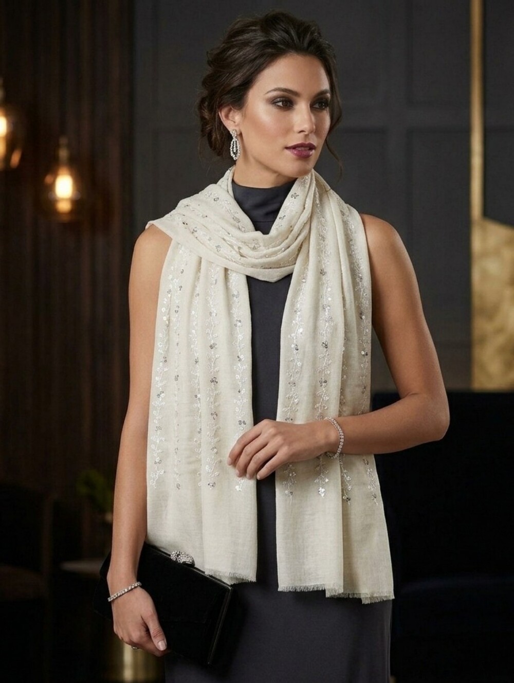 MAX ACCESSORIES Ivory & Floral and Bead Embroidered Scarf